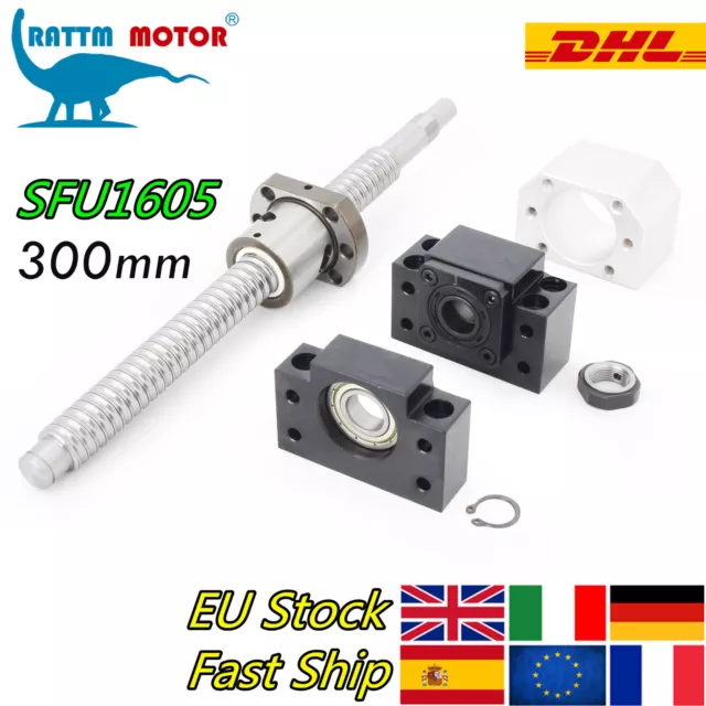 EU：Anti backlashed CNC RMSFU1605-L300mm Ballscrew+BKBF12 End Support+Nut Housing