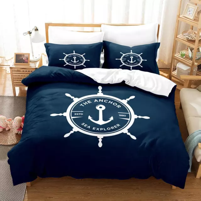 2/3Pcs Anchor Navy Bed Set Doona Quilt Duvet Cover Single Double Queen King Size