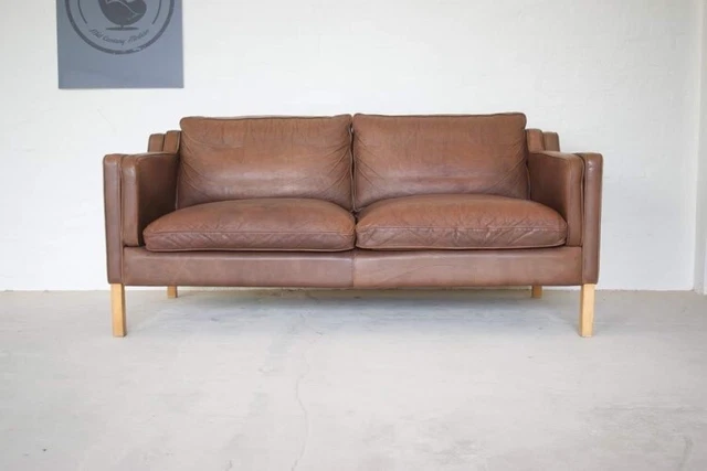 VINTAGE DANISH MID CENTURY STOUBY 2 1/2 PERSON  COGNAC LEATHER SOFA 1960,s