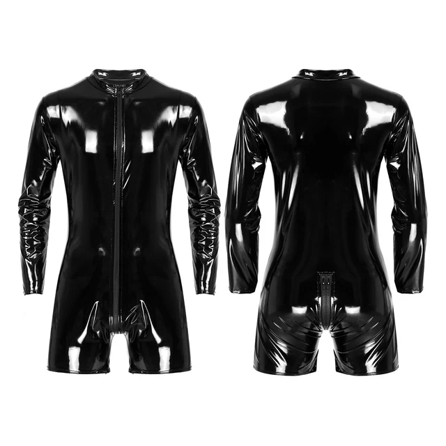 Men's Wet Look PVC Leather Bodysuit Catsuit Mesh Splice Zipper Clubwear Costume