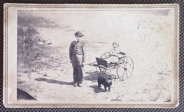 CDV - View of A Brother Pulling His Sister In Cart- & Their Dog On Guard. CDV - View of A Brother Pulling His Sister In Cart- & Their Dog On Guard.