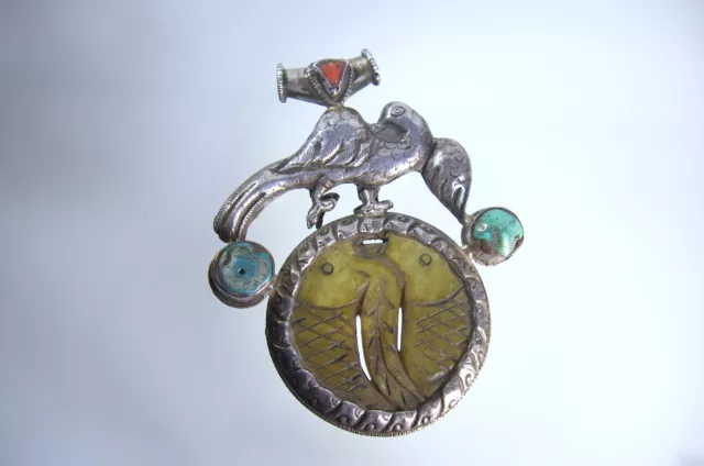Tibetan Silver Repousse Bird and Hand-Carved Jade Double Fish (Pisces) Pendant &