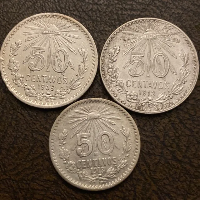 1905,1912 & 1918 Mexico 50centavos Silver