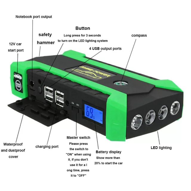 Jump Starter Portable Car Battery Pack 12V Auto Batterie Lader Booster Jumper 2