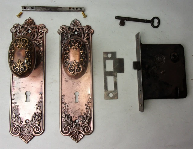 Antique Entrance Door Set Victorian / Eastlake Backplate Knob Mortise Lock Key