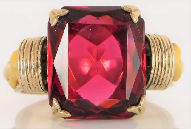 Antique Art Deco Yellow Gold Filled Red Ruby / Garnet Or Glass Signet Ring S9 !