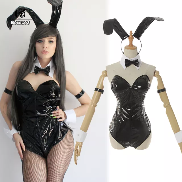 Women's Bunny Girl Suit Glossy PVC Leather Bodysuit Halloween Cosplay  Costume