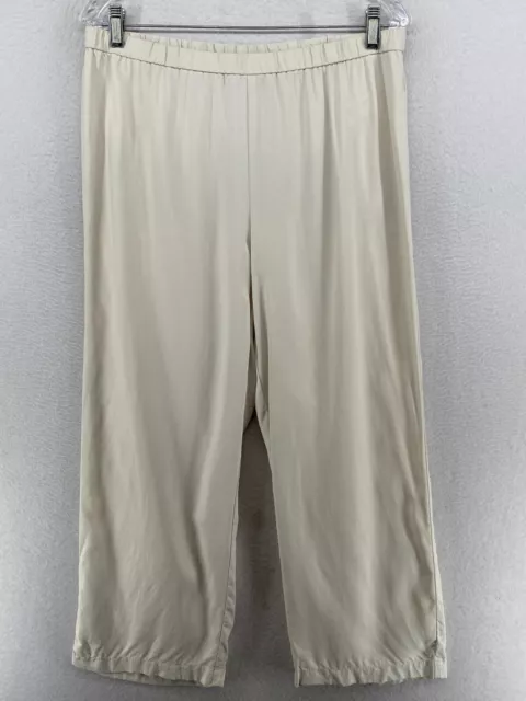 EILEEN FISHER Pants M Silk Woven Straight Leg Ankle Elastic Waist Bone White