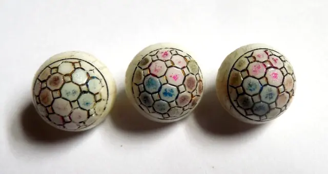 Three Vintage White Glass Ball Buttons with Painted Tops - 1/2"