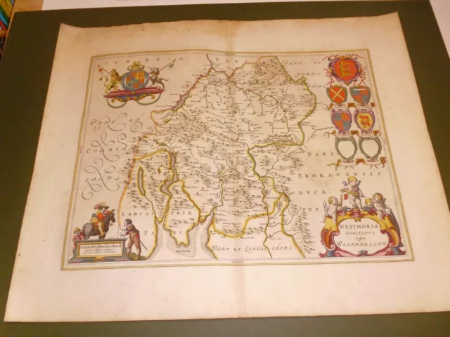 100% Original Large Westmorland Map By J Blaeu C1648 Hand Coloured