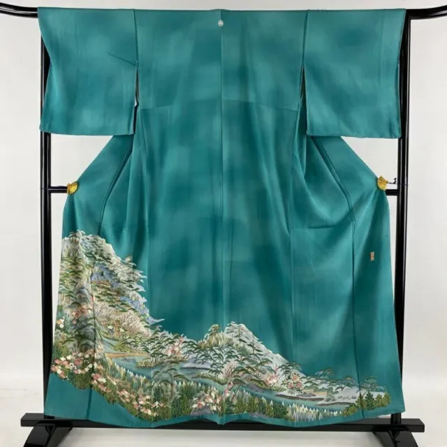 Woman Japanese Kimono Iro-Tomesode Silk Crest Trees Landscapes BlueGreen