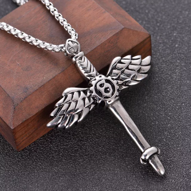 Mens Archangel Michael Angel Wing Sword Pendant Necklace Goth Punk Biker Jewelry