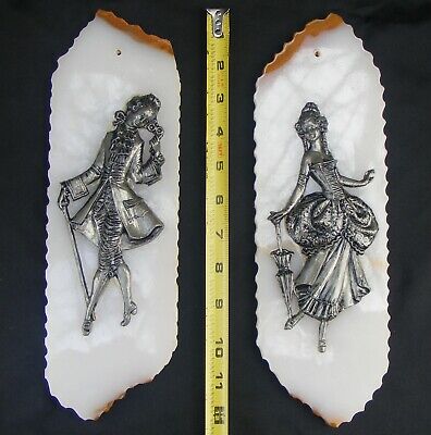 Pewter Colonial Couple Lady & Gentleman on Translucent Onyx Marble Wall Sconces