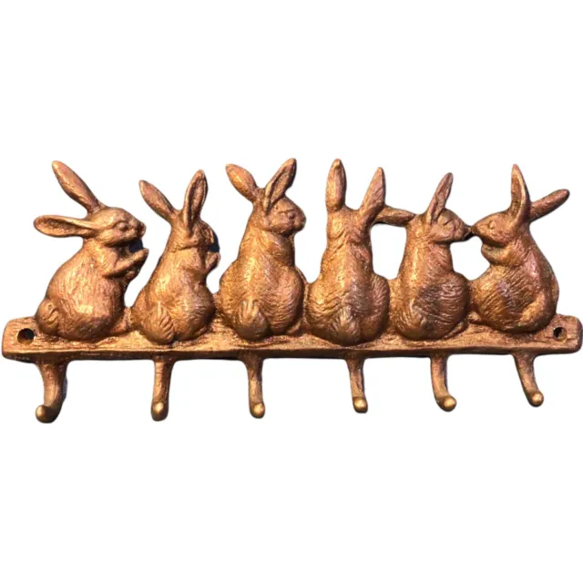 Wall Hat Key Holder 7” Metal Bronze Cast Iron Rabbits 6 Hook Hanging