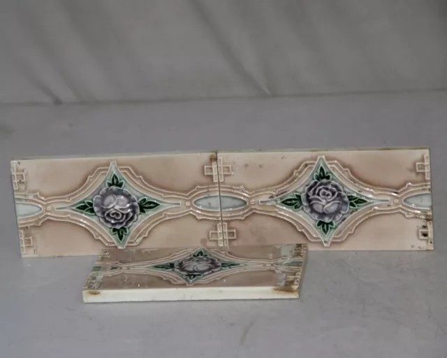 3 Pc Vintage Flower & star Embossed Art Nouveau Architecture Tiles, Japan 10734