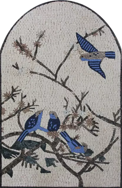 Mosaic Marble Colorful Birds With Tree Art ANIMAL Design 30x46 Inches