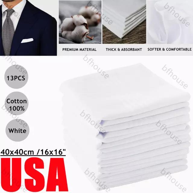 13PCS Men's Handkerchiefs White 100% Cotton Pocket Squares Soft Hankies Bulk Set