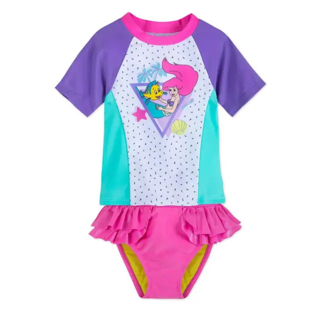 NWT Disney Store Ariel Swimsuit Rash Guard Set  2pc UPF 50+ Girls Little Mermaid