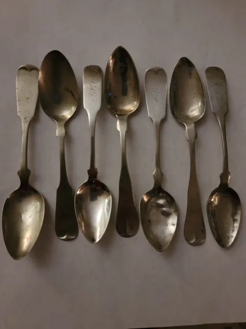 Antique American Coin Silver & Sterling Silver Spoons 7 Veru Old c.1840