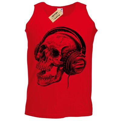 Skull Headphones SCREEN PRINTED Mens Tank Top Vest band skeleton music retro