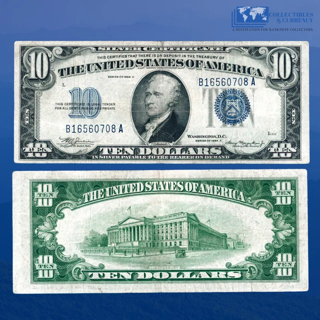 1934A $10 Ten Dollars Silver Certificate Blue Seal, VF Condition #60780