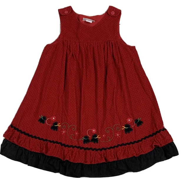 Red Black Dress Jumper Size 6X Retro Polka Dot Ruffle Applique Dogs
