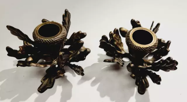 Pair Solid Brass Acorn Oak Leaves 3D Candlestick Candleholders Made in India