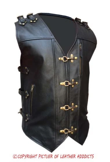 Uomo Stile Biker Gilet Vero pelle di Mucca Nero Resistente Moto Gilet