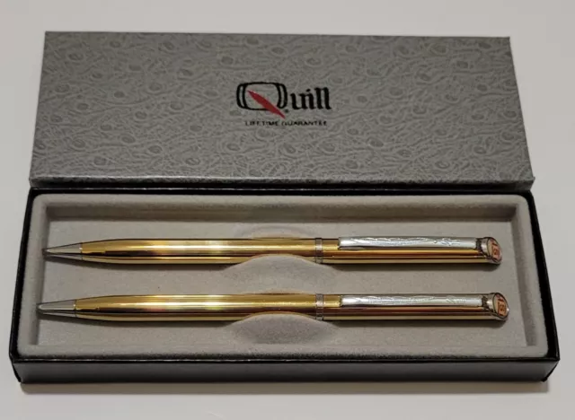 Vintage Quill Gold Tone Pen Pencil Set  Never Used  QSI Logo