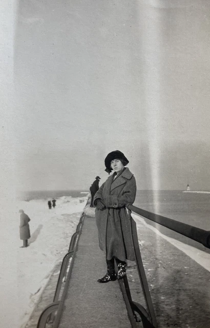 Woman On Jetty Lighthouse Antique Photograph Picture Black White Vintage 1930’s