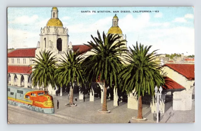 Postcard California San Diego CA Santa Fe Railroad Train Station Depot 1953