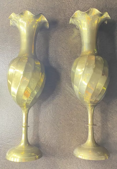 Pair of Solid Brass Vases Etched Design 11.5" High Fluted Rim