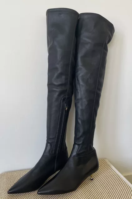 Valentino Garavani  Black Leather Twisted Heel Over-the-Knee OTK Boots, 37