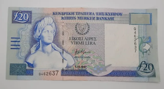 1997 - Central Bank Of Cyprus - £20 (Twenty) Lira /Pounds Banknote No. Q 462637