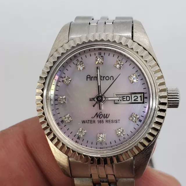 Womens Armitron Now Watch Day Date MOP Dial Diamond Silver 5.5" Wrist NewBattery