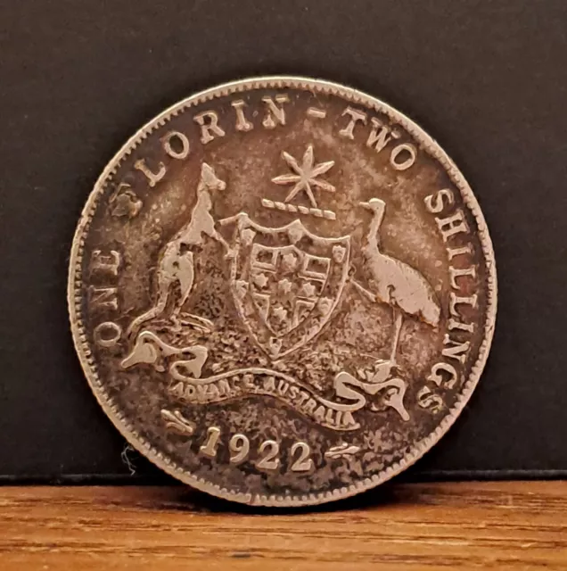 1922 .925 Silver King George V Australia No Mintmark 1 Florin 2 Shillings Coin