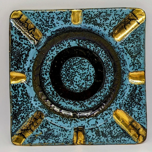 Aldo Londi Bitossi Rimini Blue Gold Glazed Square Midcentury Ashtray Italy