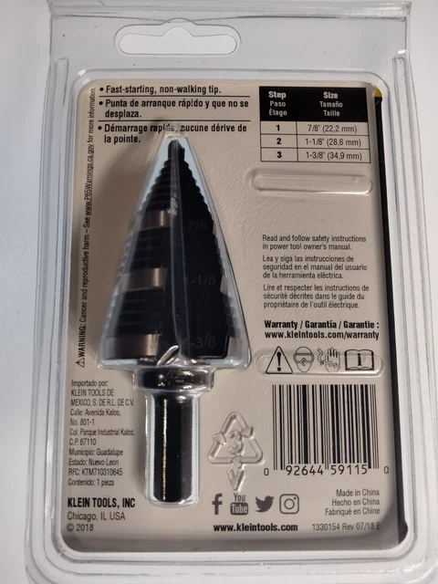 Klein Tools KTSB15 Step Drill Bit #15   7/8", 1-1/8", 1-3/8"  #1150 NEW 4