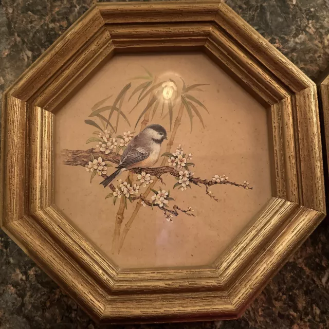 Set of 2 Bird Prints In Octagon Gold Frames  Homeco 1983 2
