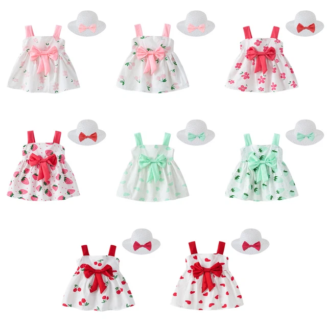 Baby Girls Sleeveless Floral Bowknot Dress + Straw Hat Summer Sundress Outfits