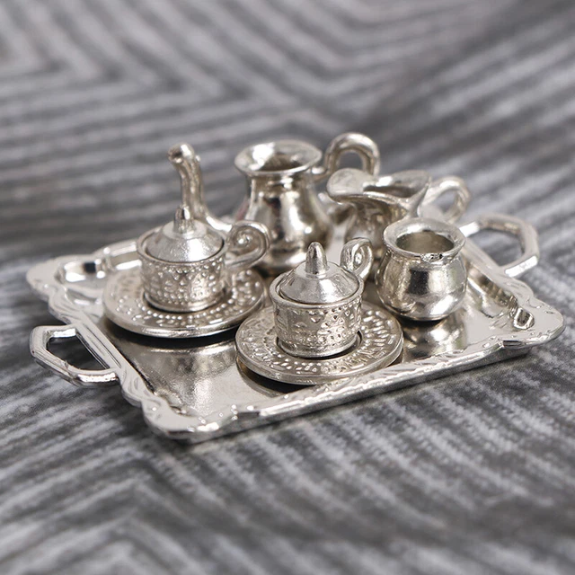 10pcs 1/12 Dollhouse Miniature Silver Metal Tea Coffee Tray Tableware SSE
