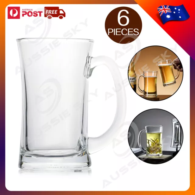 6Pcs Glass Beer Mugs Large Draught Beer Steins with Handle Hot Cold Beverage