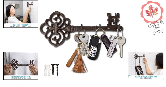 Rustic Cast Iron Key Hanger with 3 Hooks - Unique Design - 10.8 x 4.7 Inches