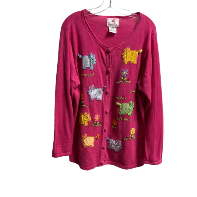 Quacker Factory Womens Button Up Cardigan Sweater Size 1X Pink Pig Embellished