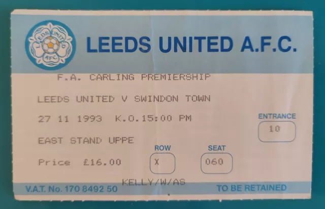 Leeds United Ticket Stub 1993-94 Swindon Town Casa