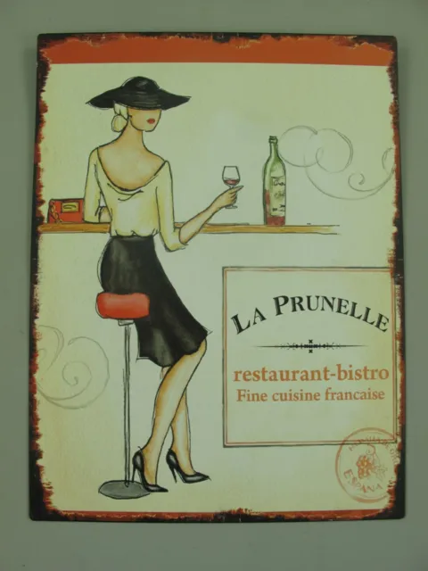 9977787-x Murale Targa di Latta Vintage Bistro Vino La Prunelle Lady 25x33cm