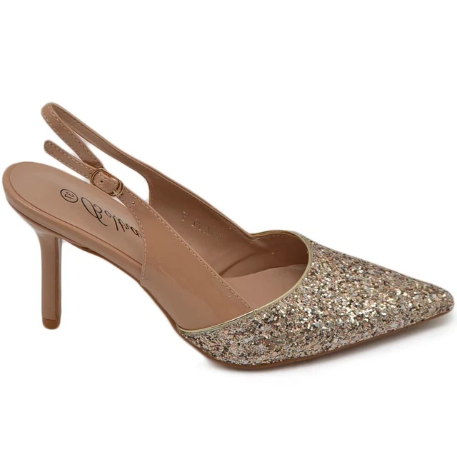 Scarpe decollete slingback donna elegante punta glitter vernice lucida oro tacco