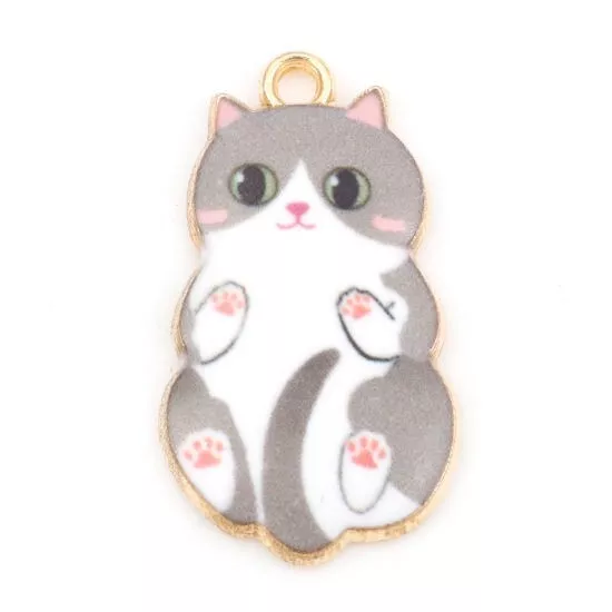 Charms - 25x14mm - Gold Plated - Grey/White/Pink Enamel - 'Cat' - 10Pcs