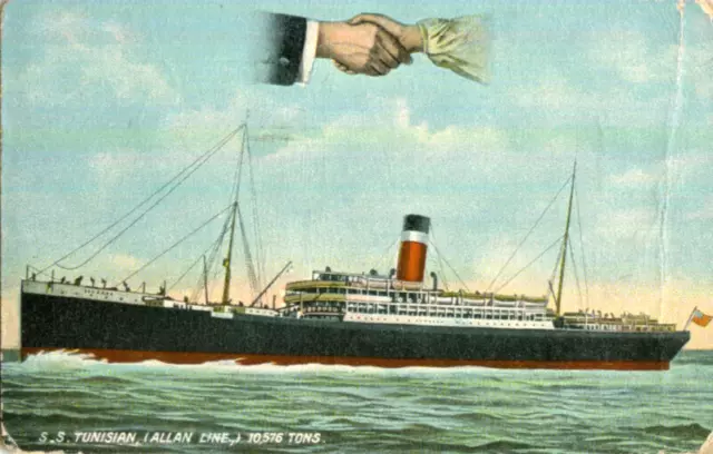 1910s postcard Allan Line liner SS TUNISIAN Hands across the Sea