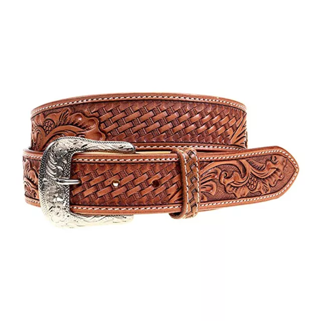 Twisted X Men's Western Basket Weave Belt, Brown Leather with Floral Tooling